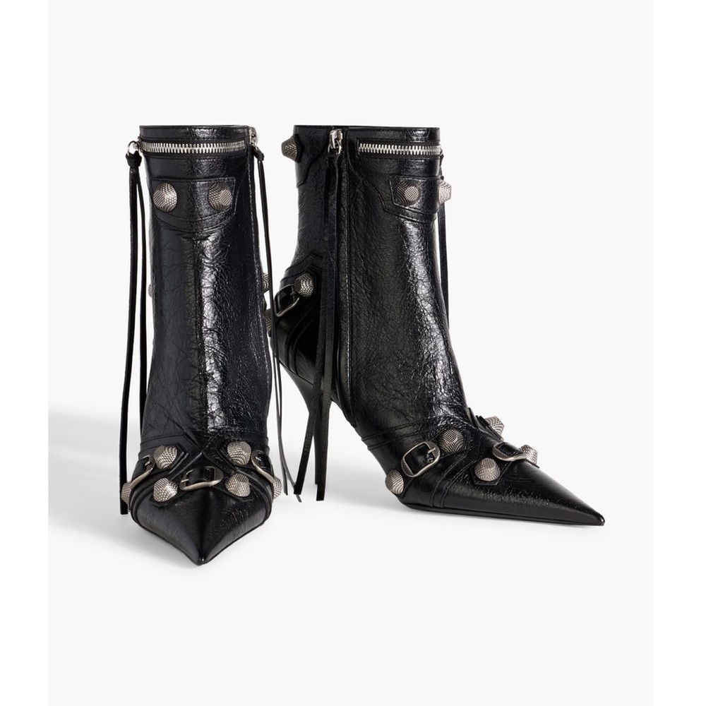 Balenciaga Cagole Crinkled-Leather Ankle Boots Size 37 Black Heeled Silver Y2K